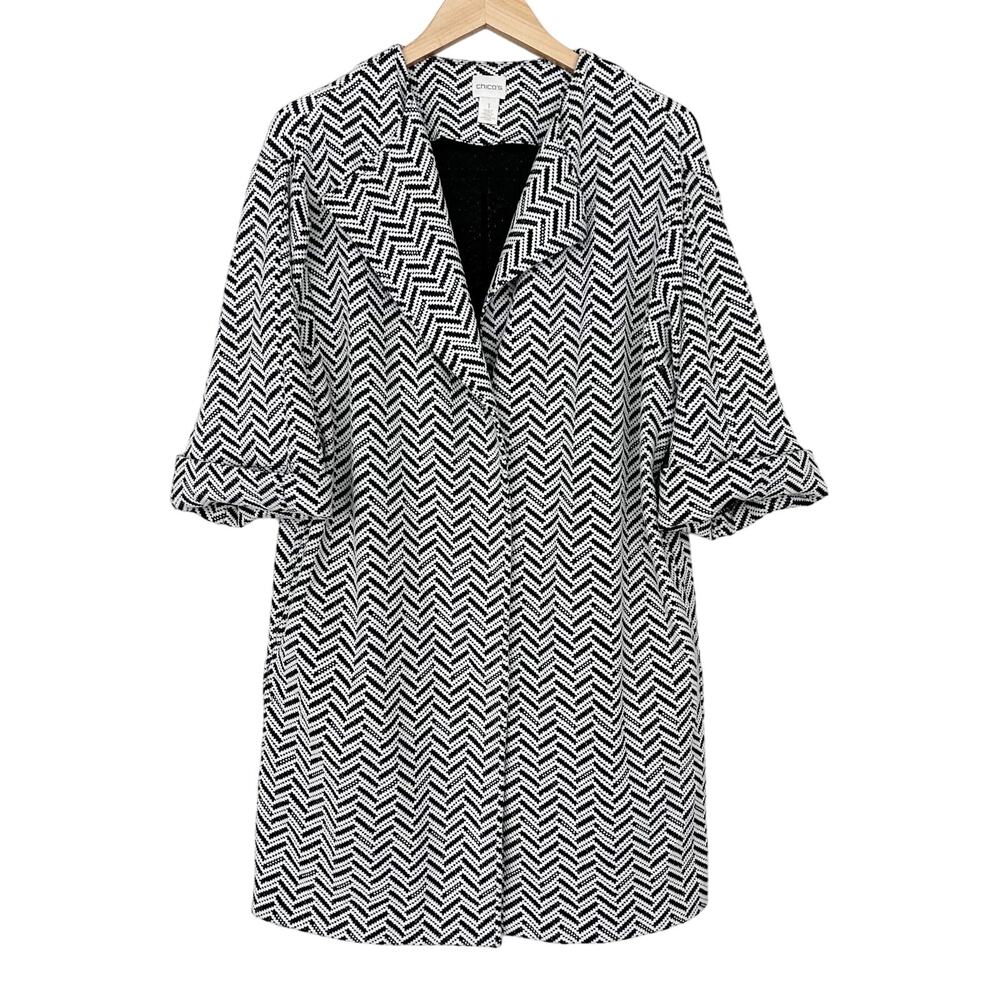 Chicos Black White Chevron Herringbone Jacquard Jacket Sz M